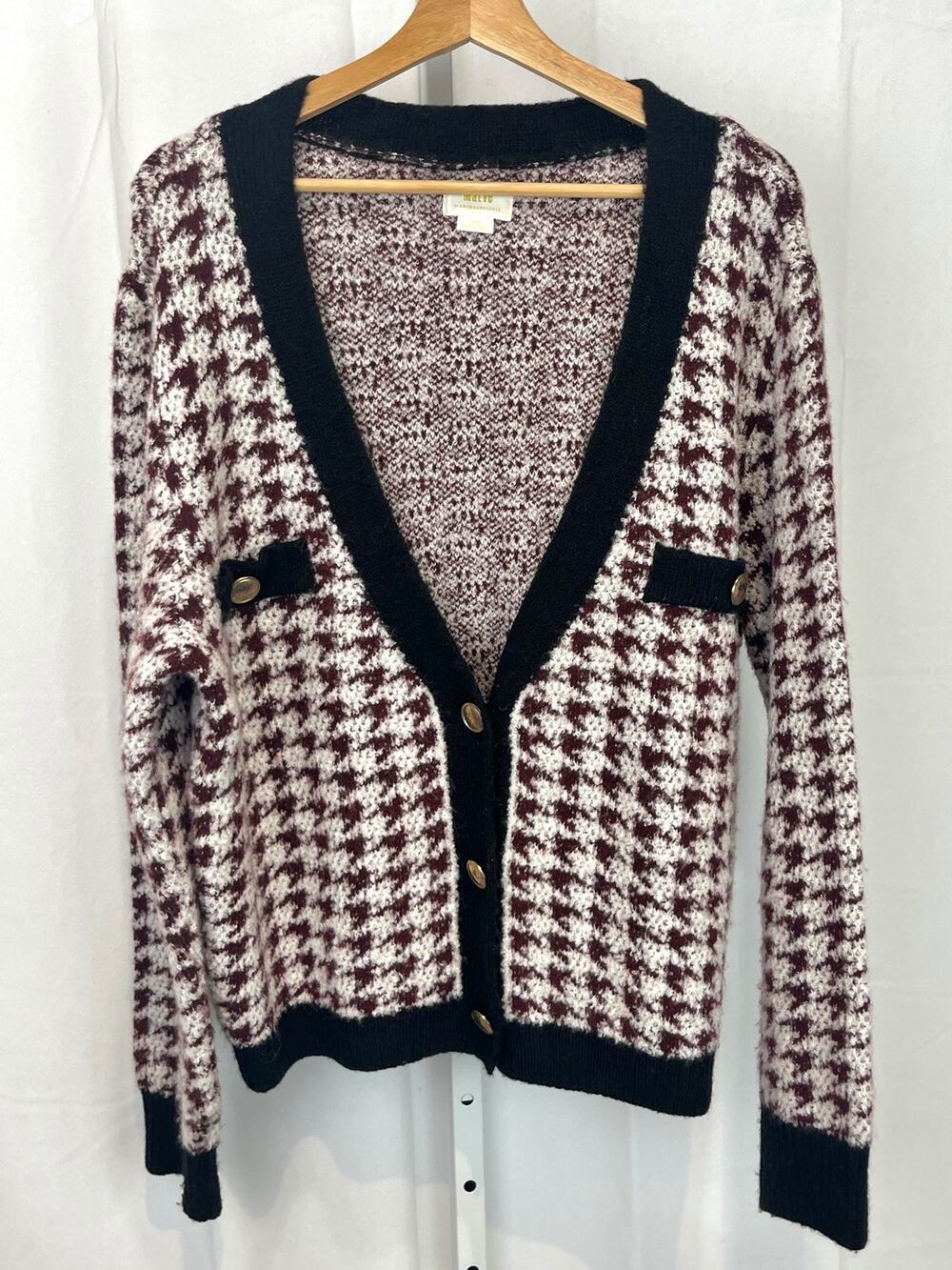 MAEVE Anthropologie Houndstooth Cardigan Sweater V Neck Wine Red White Black L